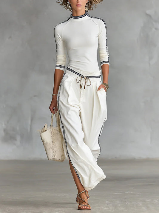 Gemütliches Stretch-Strickoberteil und Leinen-Baumwoll-Hosen-Set