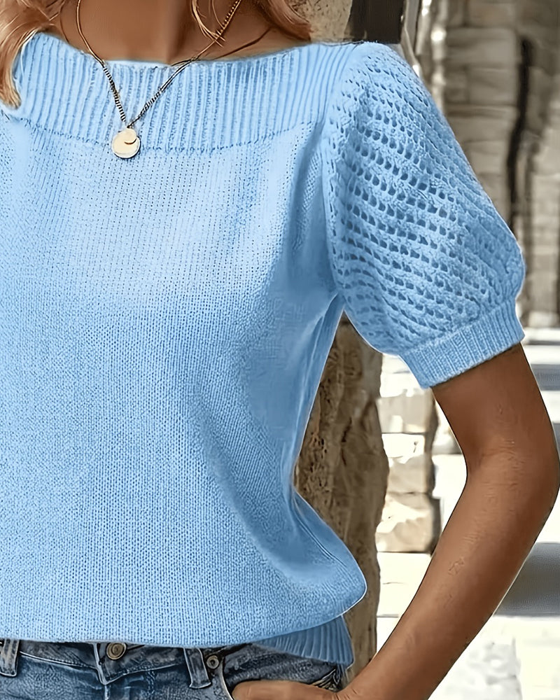 Damen Kurzarm Pullover in einfarbigem Design mit kurzen Puffärmeln, Detailansicht