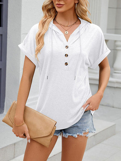 Damen Bluse Mit Kapuze Und Knopfleiste In Uni
