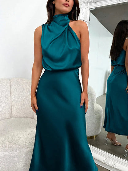 Damen Satin Midikleid mit asymmetrischem Ausschnitt