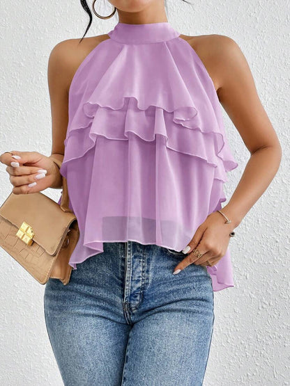 Ärmelloses Damen-Top mit Neckholder und Volants in Frontalansicht