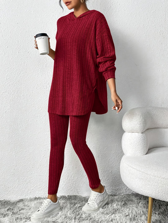 Zweiteiliges Strickset mit Kapuzenpullover und Leggings für Damen