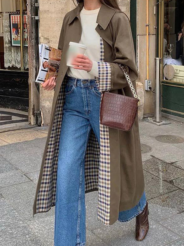 Damen Trenchcoat Mit Karomuster Und Reverskragen