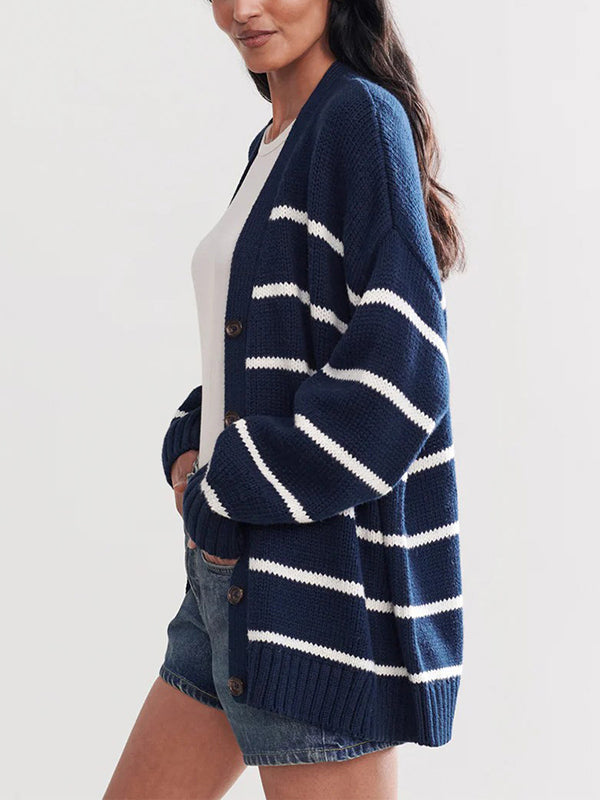 Damen Gestreifter Cardigan Mit V-Ausschnitt Und Knopfleiste