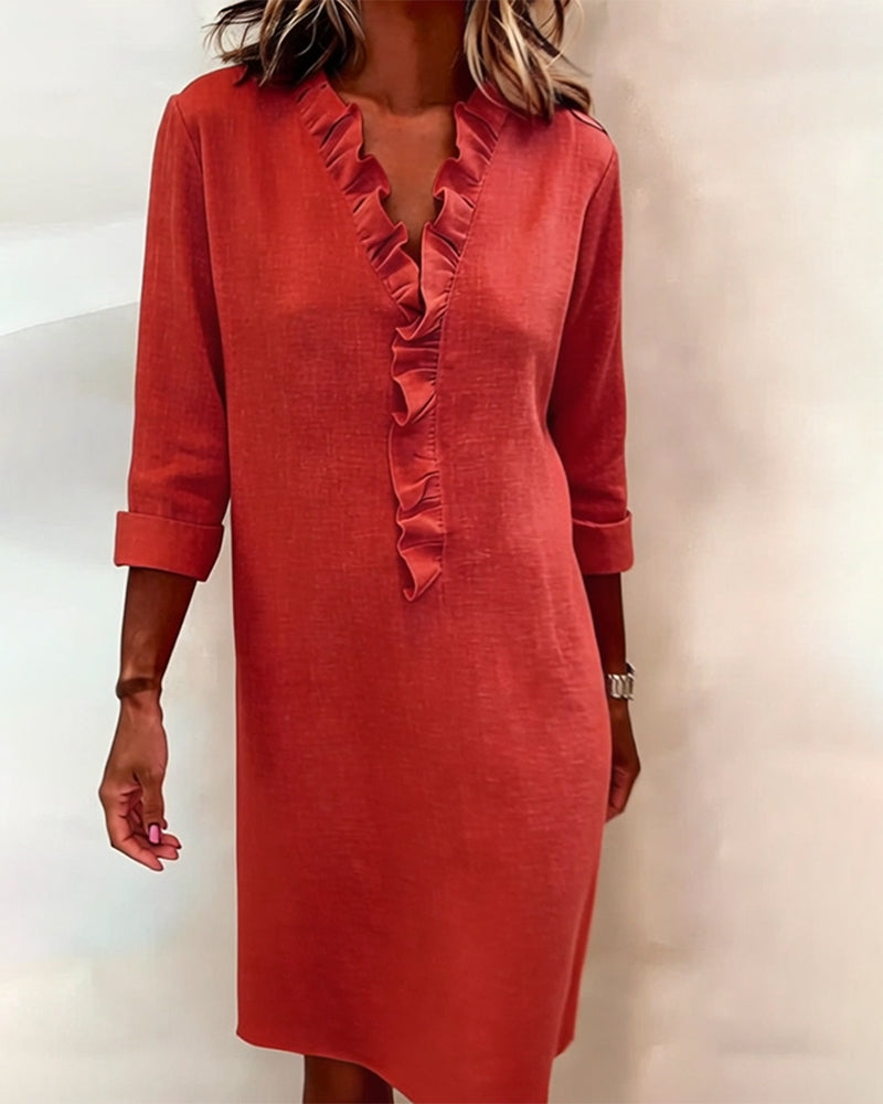 Leinenmischgewebe Kleid mit Volant und geradem Schnitt