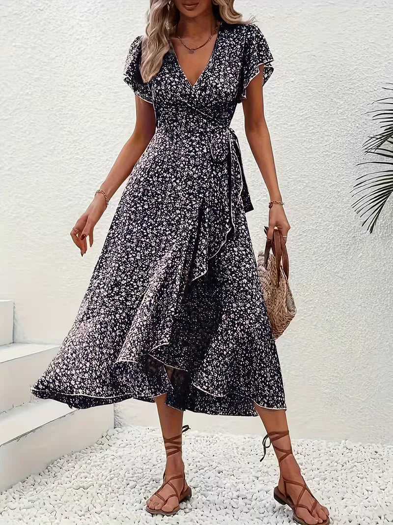 Midi-Wickelkleid mit Blumenmuster und asymmetrischem Saum