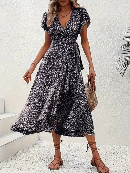 Midi-Wickelkleid mit Blumenmuster und asymmetrischem Saum