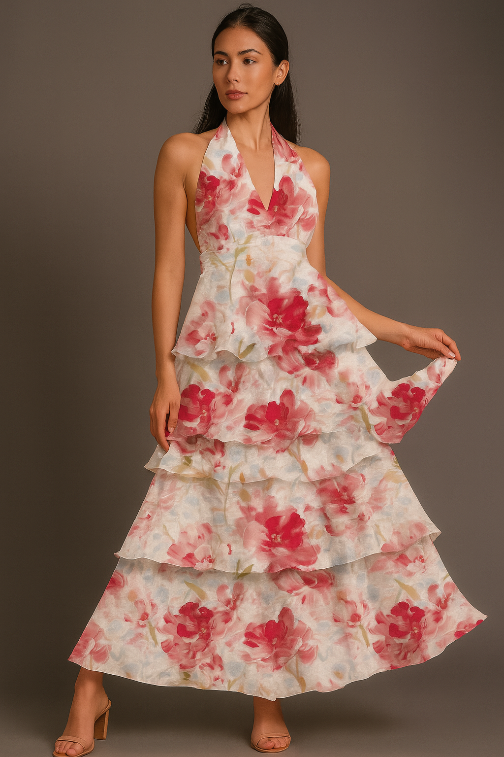 Maxikleid mit Neckholder, gestuftem Blumenmuster, Rüschen und Taillendetail