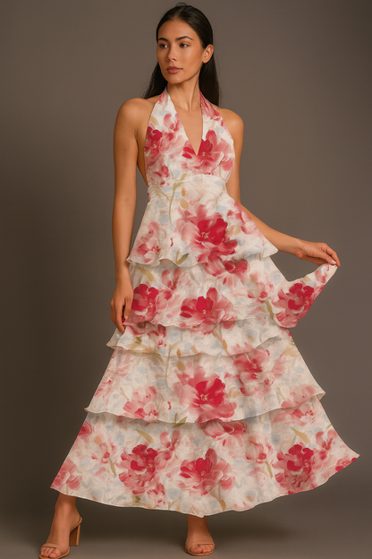 Maxikleid mit Neckholder, gestuftem Blumenmuster, Rüschen und Taillendetail