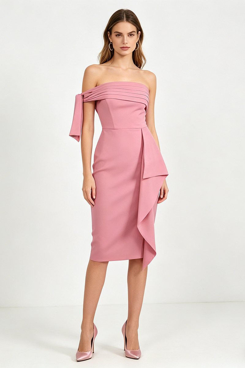 Midi-Kleid mit schulterfreiem Schnitt und Schleifendetail in Pink
