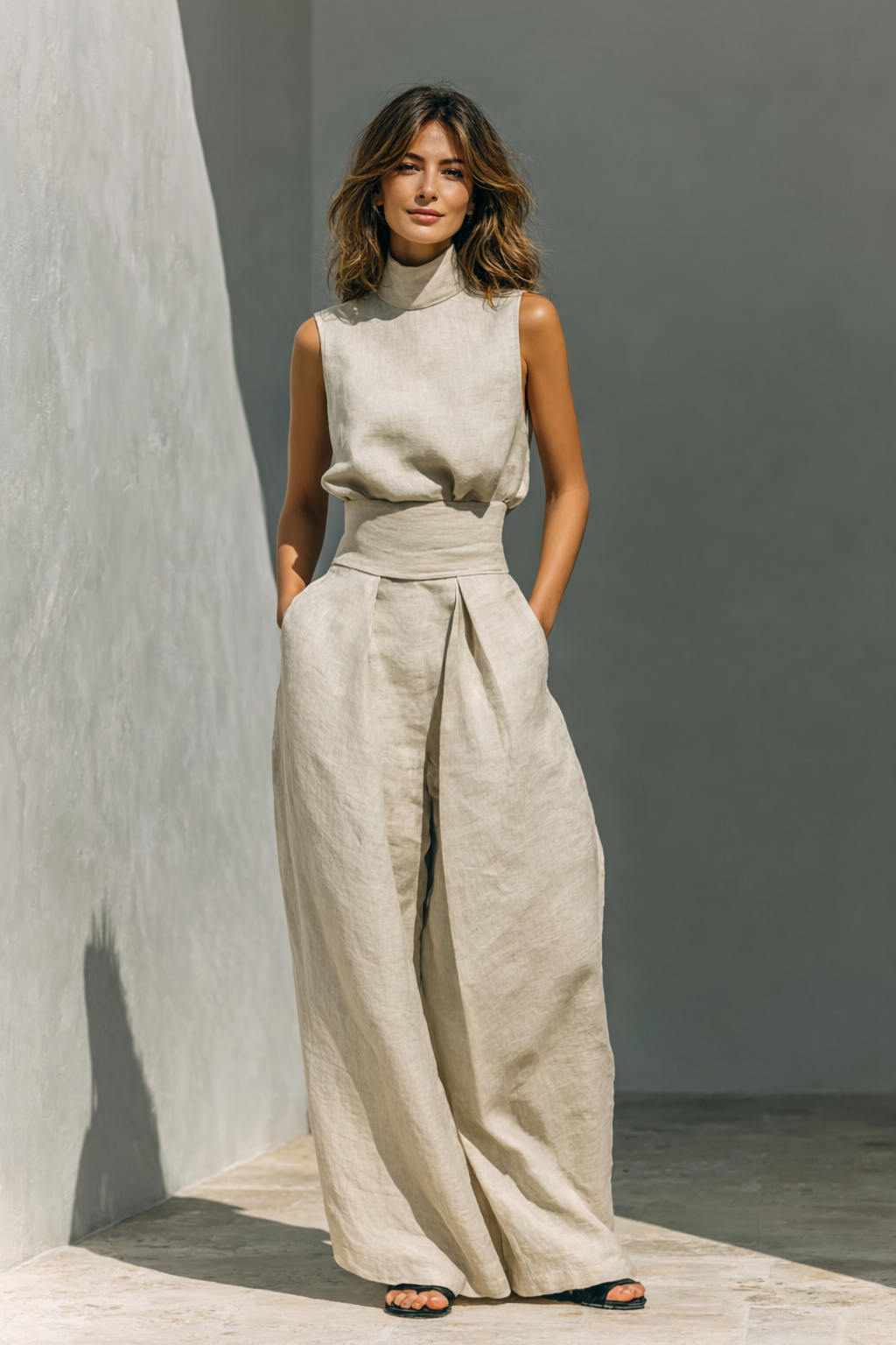 Minimalistisches Set aus Top aus Baumwoll-Leinen und Hosen mit weitem Bein