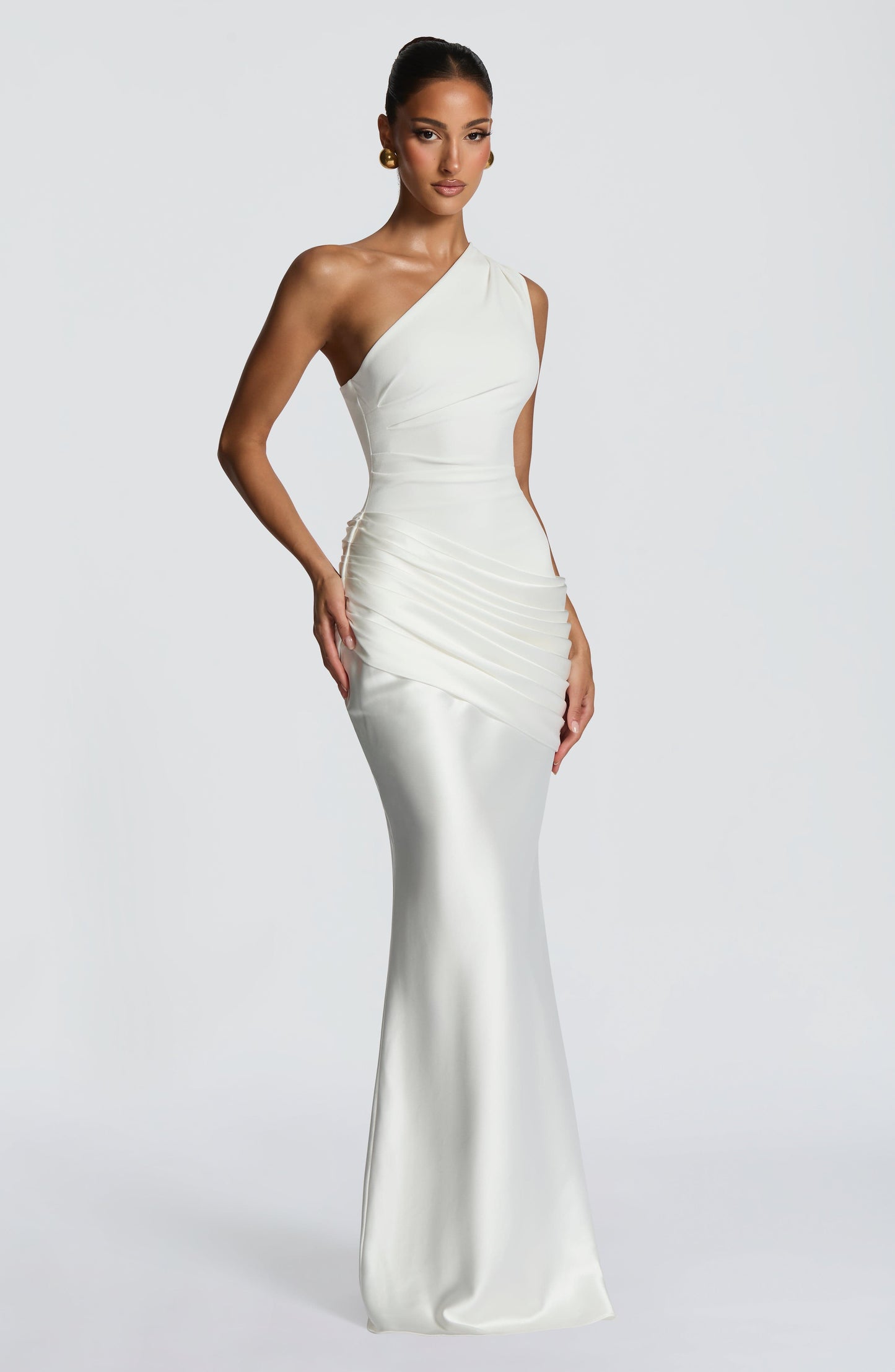 Ein-Schulter Crepe Satin Maxikleid Damen