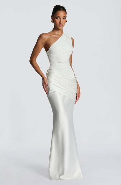 Ein-Schulter Crepe Satin Maxikleid Damen