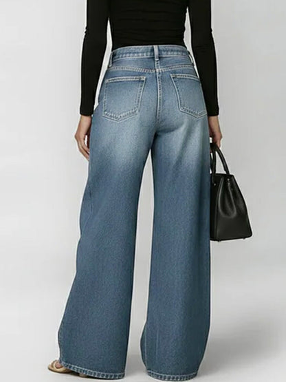 Damen High-Waist Locker Sitzende Weitbein Freizeithose Jeans