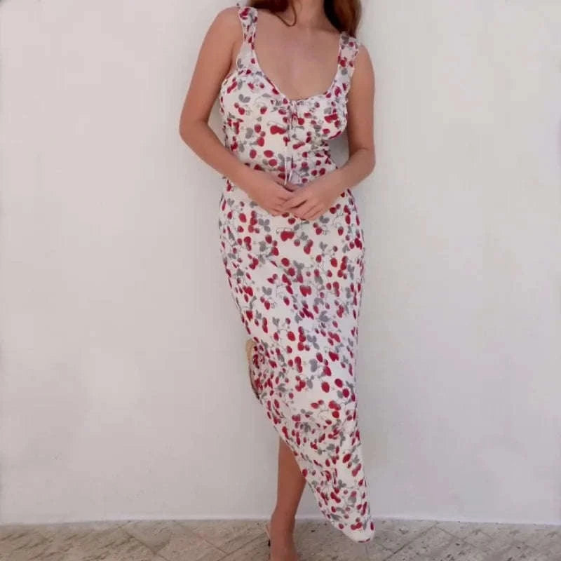 Florales Maxikleid mit tiefem V-Ausschnitt und offenem Rücken Sommerkleid