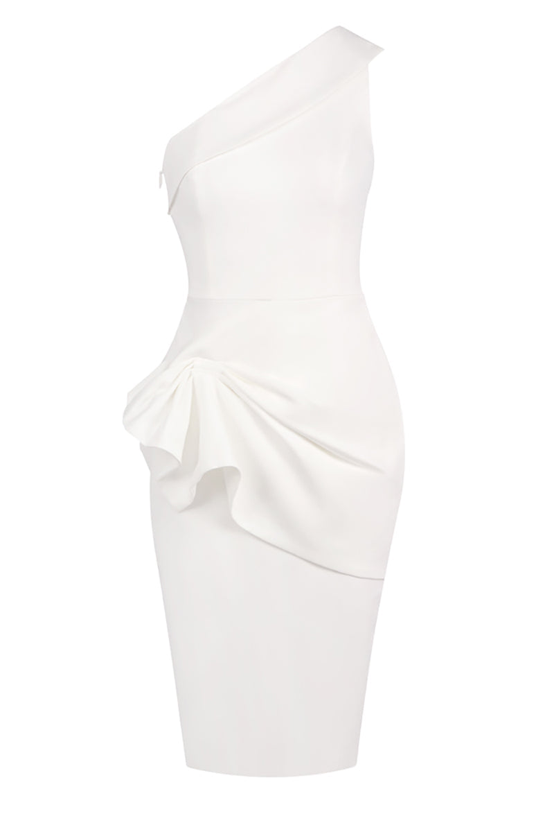 Weißes Midi-Kleid mit Volants und schulterfreiem Ausschnitt