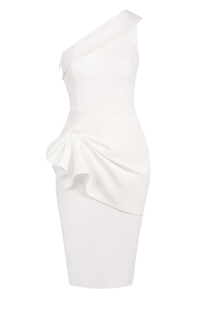 Weißes Midi-Kleid mit Volants und schulterfreiem Ausschnitt