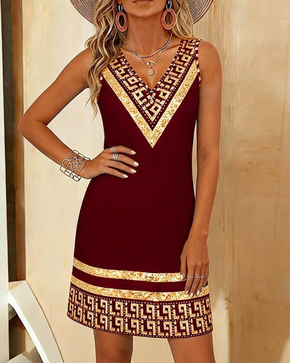 Ärmelloses Mini-Kleid mit V-Ausschnitt und bedrucktem Rand