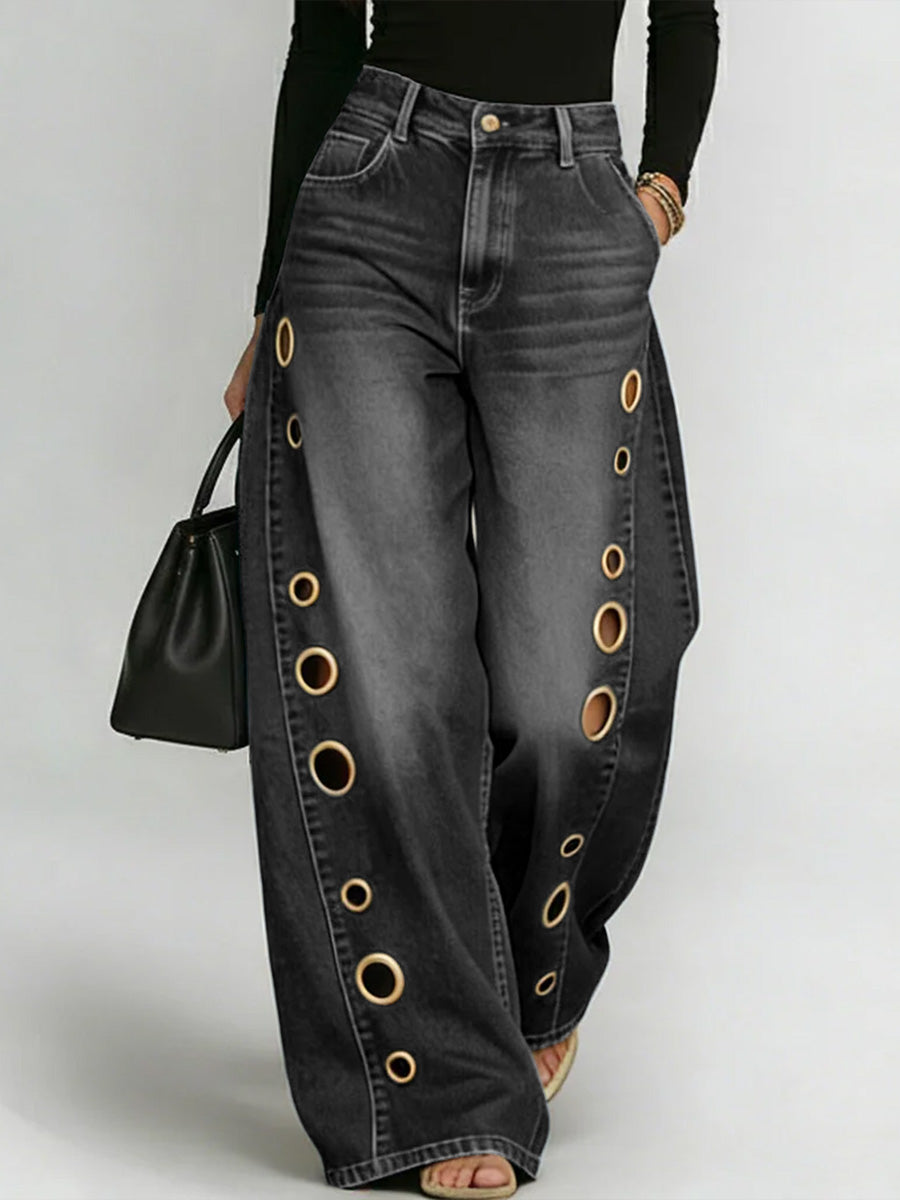 Damen High-Waist Locker Sitzende Weitbein Freizeithose Jeans
