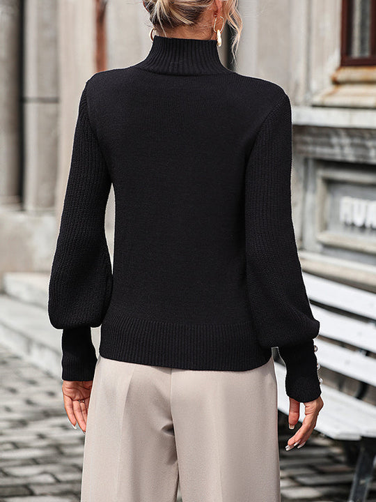 Damen Strickpullover Mit Perlenknöpfen Und Hohem Kragen