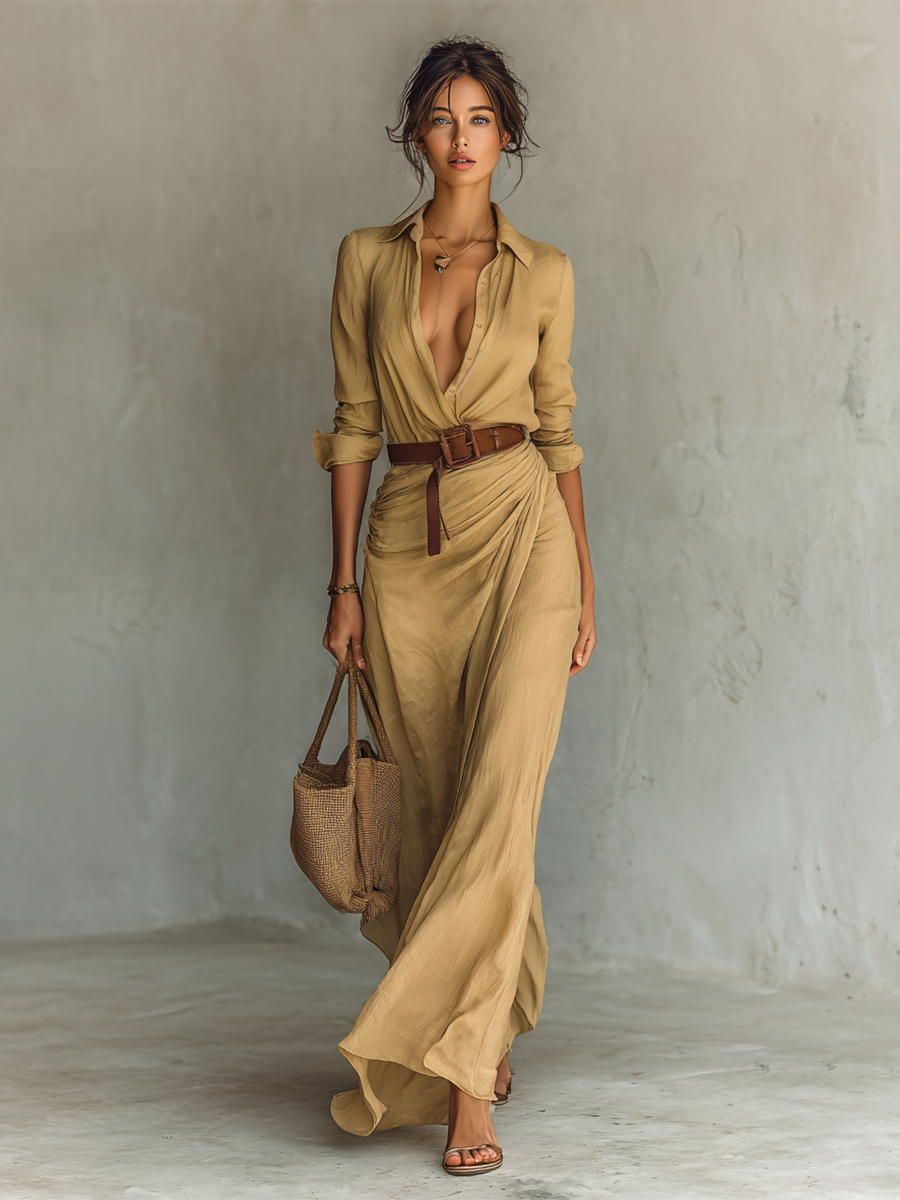 Damen Maxikleid Mit Gürtel Und Fließendem Schnitt