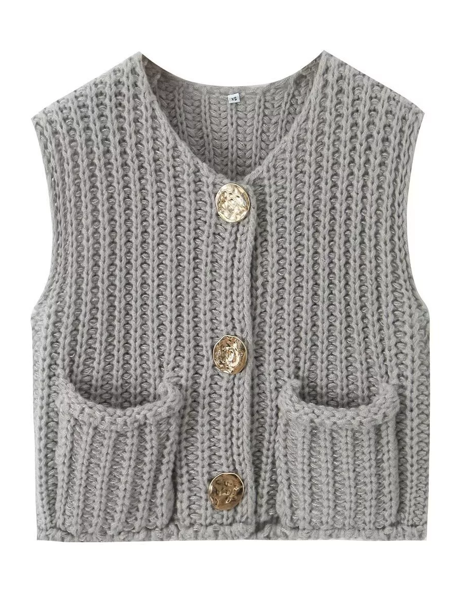 Damen Strickweste Ärmellos Mit Knöpfen Und Taschen