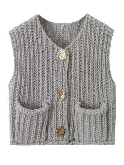 Damen Strickweste Ärmellos Mit Knöpfen Und Taschen