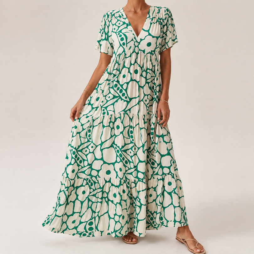 Maxikleid mit Blumenmuster, atmungsaktiv und gestuft
