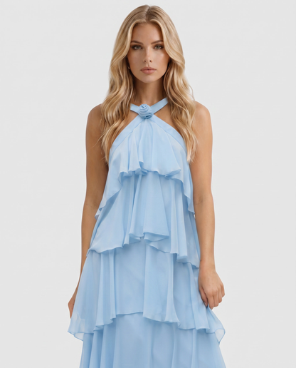 Maxikleid mit mehrlagigem Volant und Neckholder-Ausschnitt