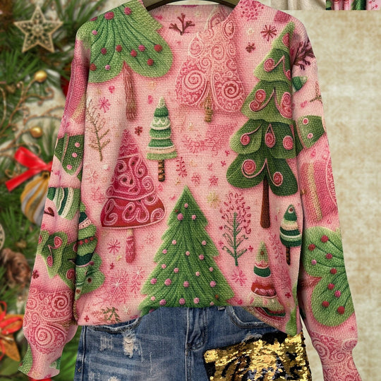 Weihnachtspullover mit Tannenbaum-Print in Rosa und Grün für Damen