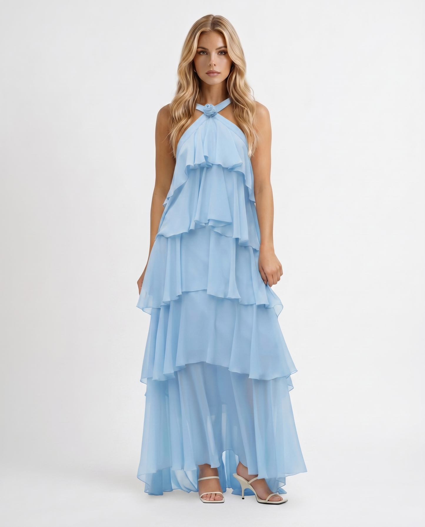 Maxikleid mit mehrlagigem Volant und Neckholder-Ausschnitt