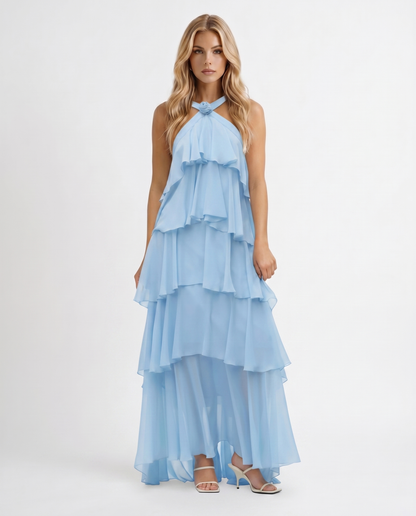 Maxikleid mit mehrlagigem Volant und Neckholder-Ausschnitt