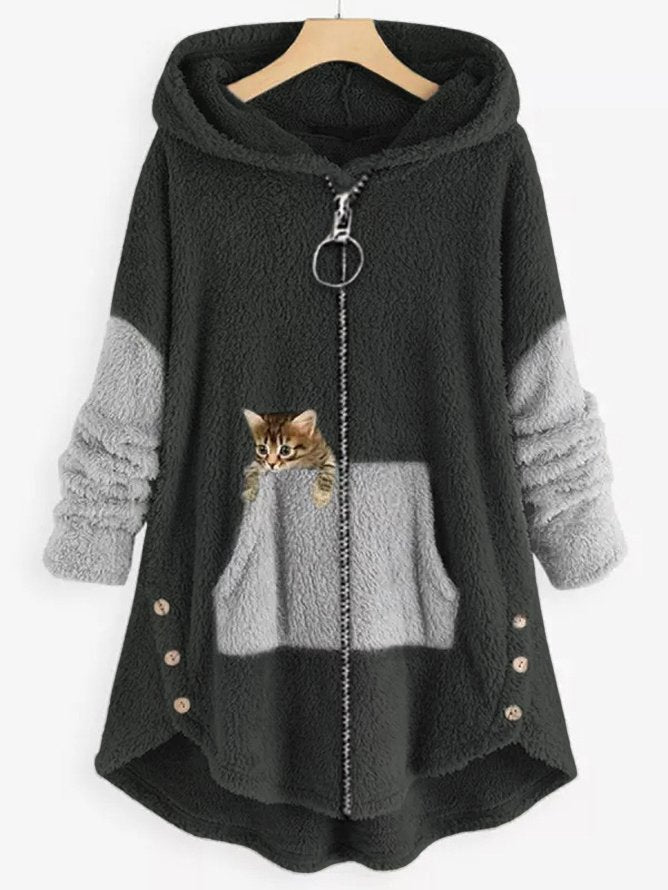Damen Kapuzenmantel Mit Katzenprint Und Knopftaschen
