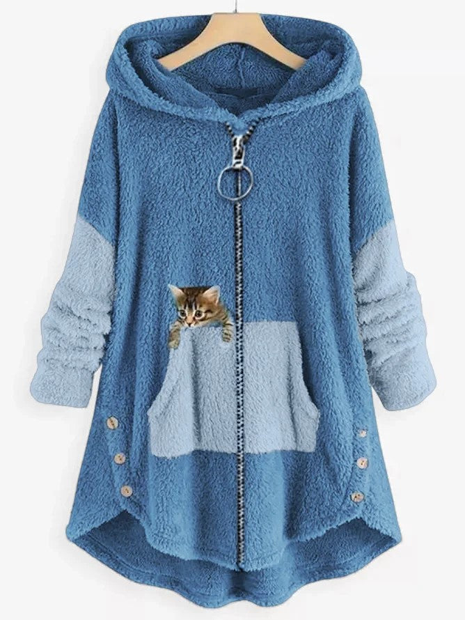Damen Kapuzenmantel Mit Katzenprint Und Knopftaschen