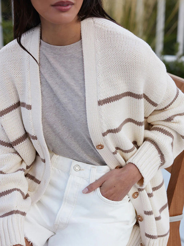 Damen Gestreifter Cardigan Mit V-Ausschnitt Und Knopfleiste