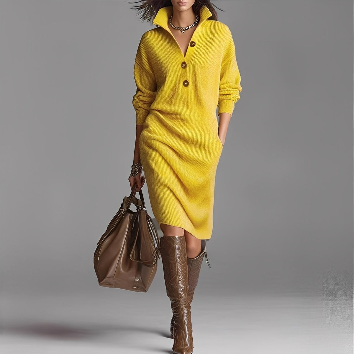 Damen Strickkleid mit Knopfleiste und Kragen