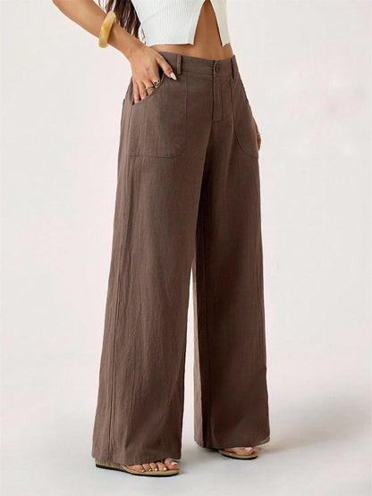 Hose mit weitem Bein aus Baumwoll-Leinen-Mischung, hohe Taille