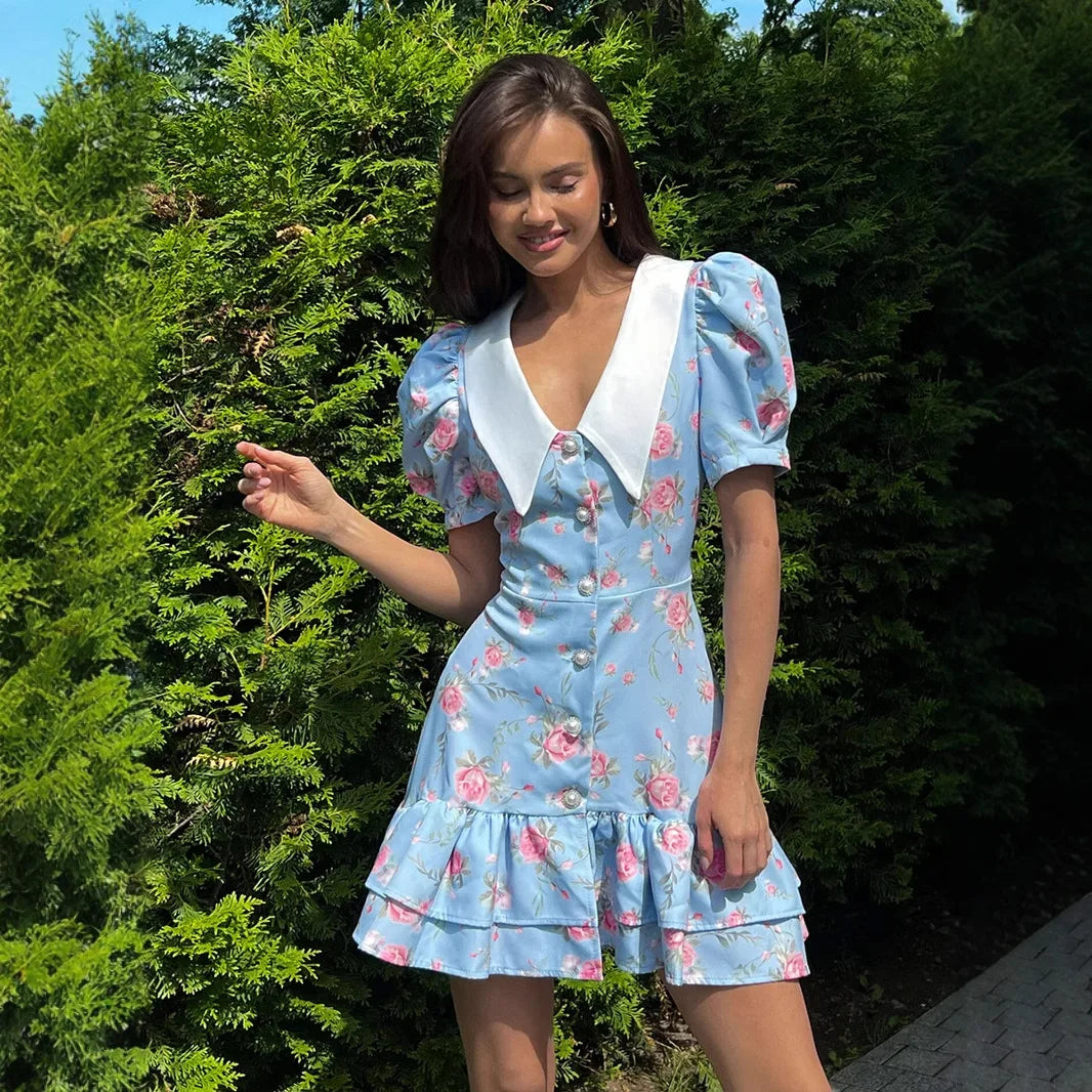 Damen Mini Kleid mit Puffärmeln und Rüschen