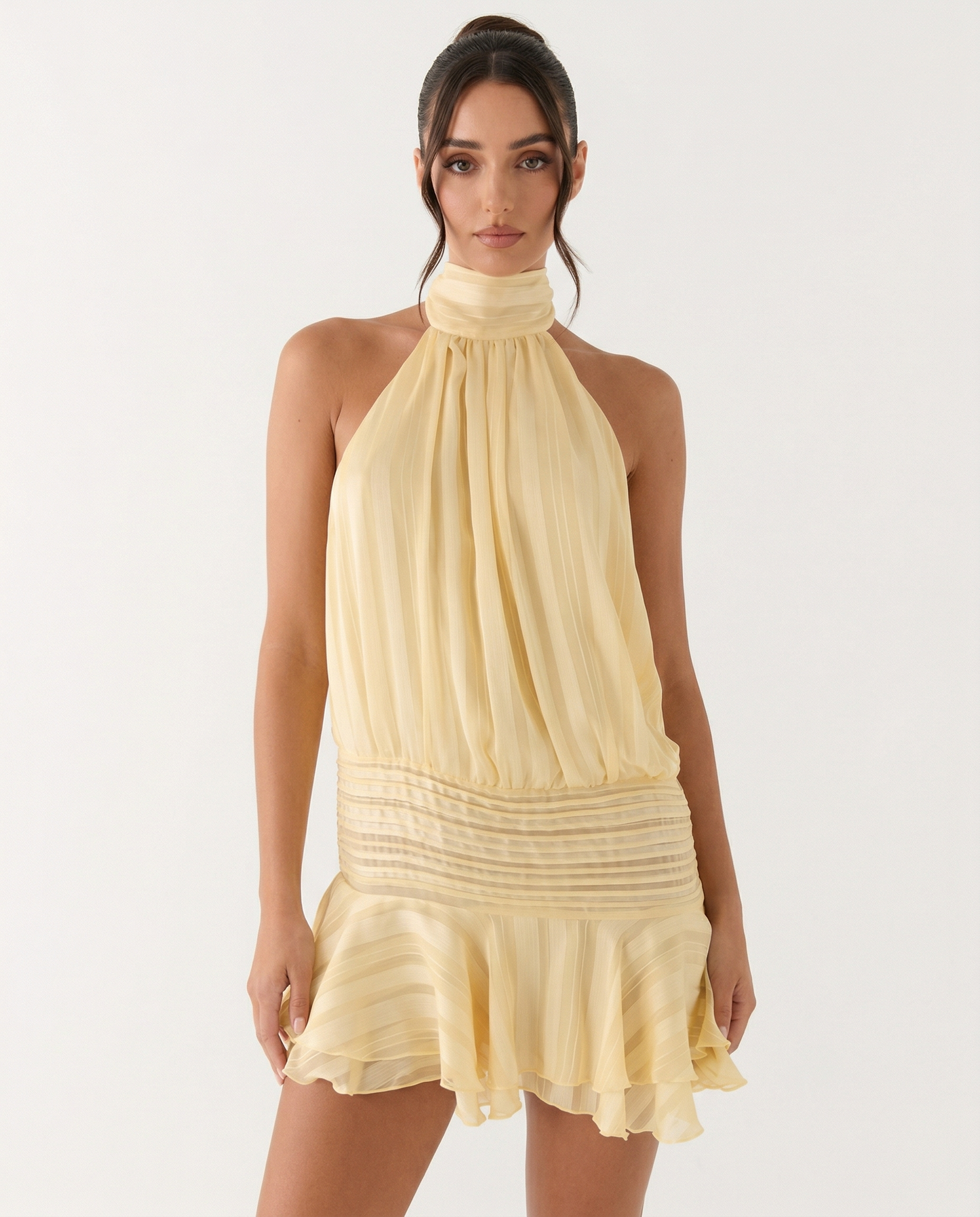 Chiffon Neckholder Mini Kleid in Hellblau