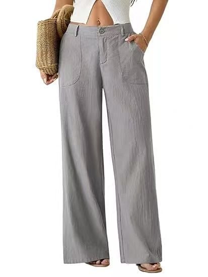 Hose mit weitem Bein aus Baumwoll-Leinen-Mischung, hohe Taille