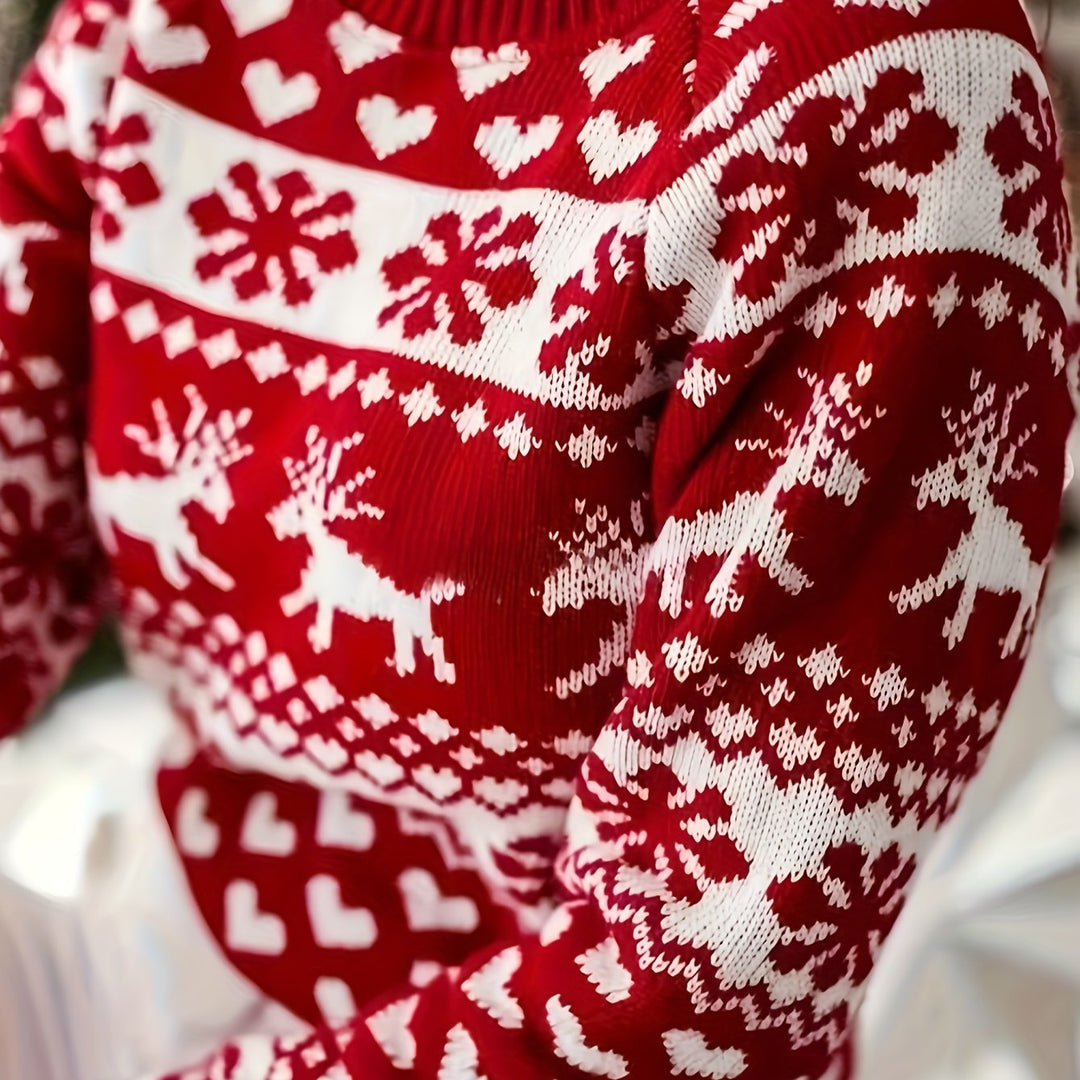 Weihnachtspullover mit Rentier- und Herzmuster für Damen