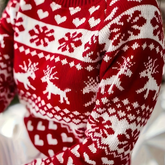 Weihnachtspullover mit Rentier- und Herzmuster für Damen