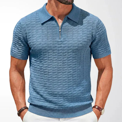 Herren Viskose Strick-Poloshirt mit Reißverschluss und geripptem Saum