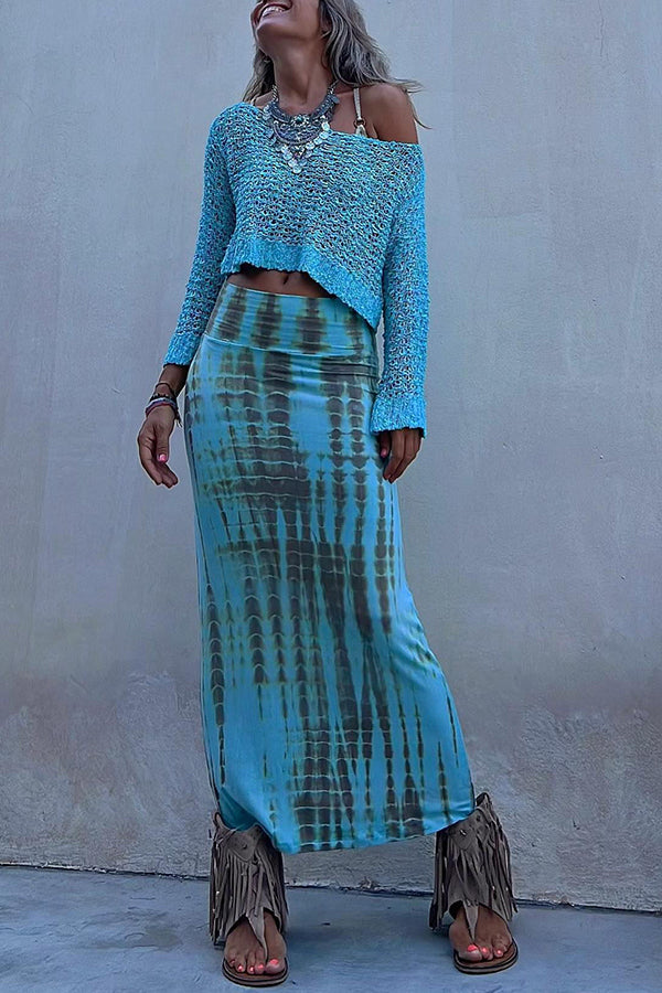 Blaue Maxi-Rock mit elastischem Bund im Batikstil