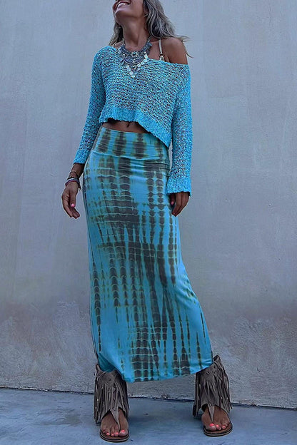 Blaue Maxi-Rock mit elastischem Bund im Batikstil