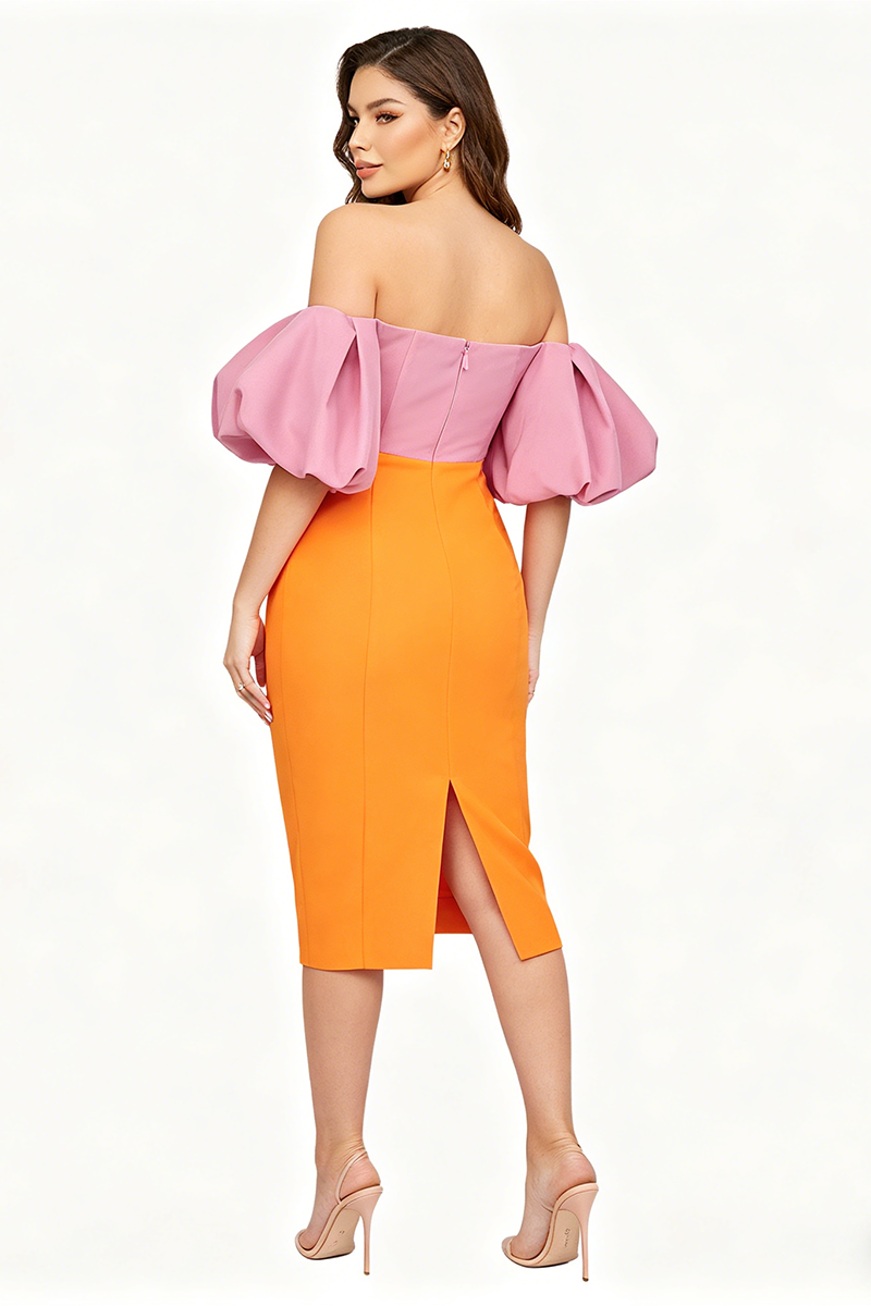 Midi-Kleid mit Puffärmeln in Farbblock Pink Orange
