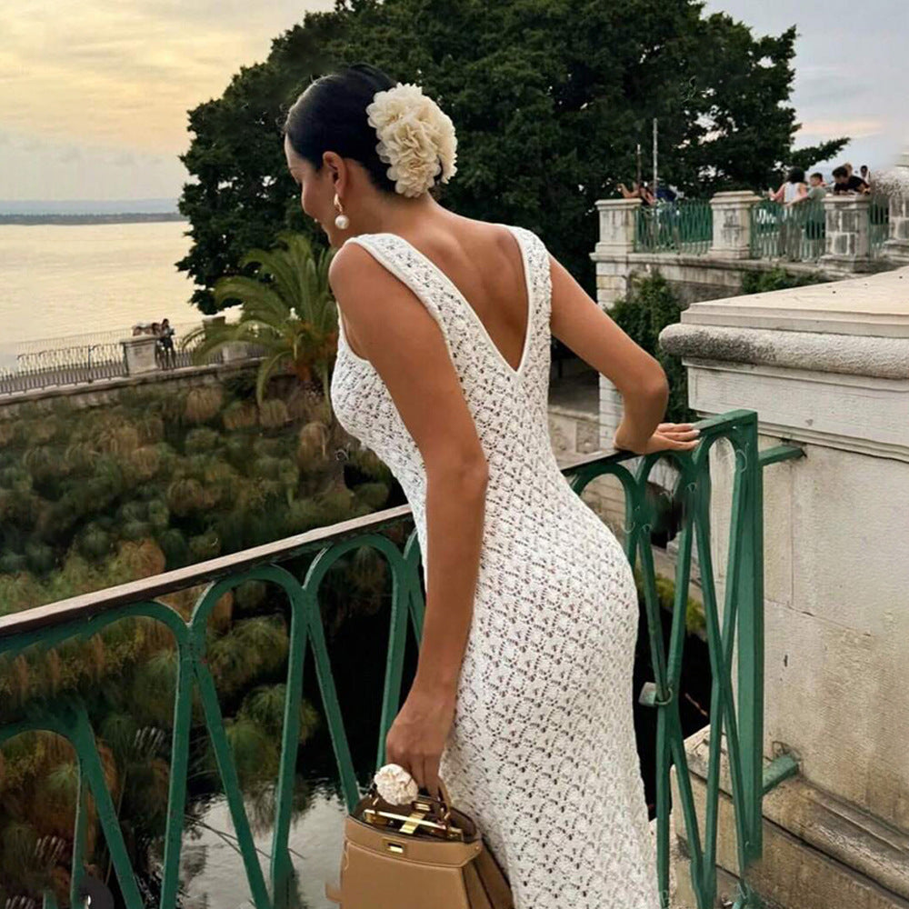 Häkel-Maxikleid mit offenem Rücken Weiß