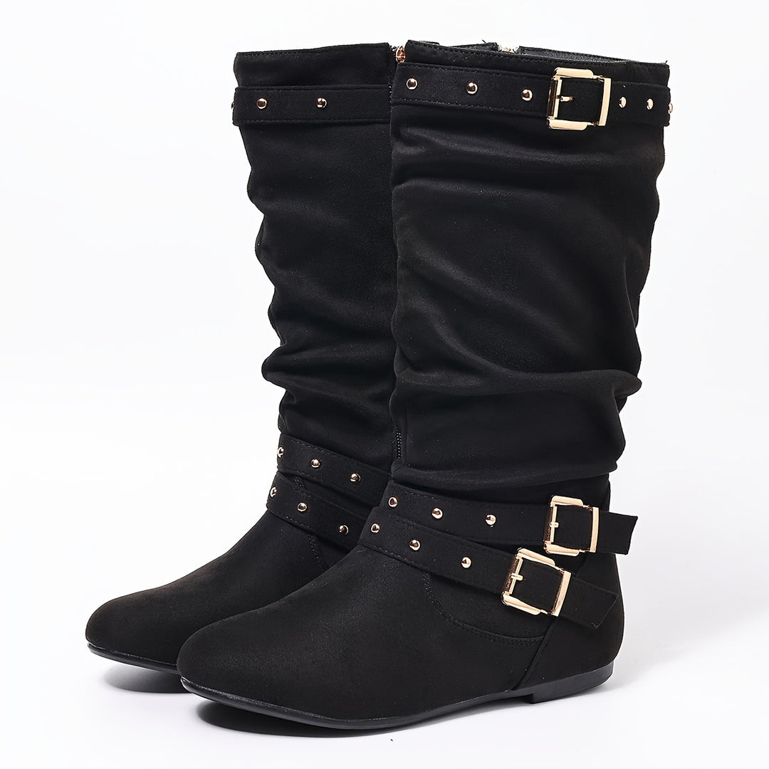 Kniehohe Stiefel mit Zierschnallen und flacher Sohle für Damen