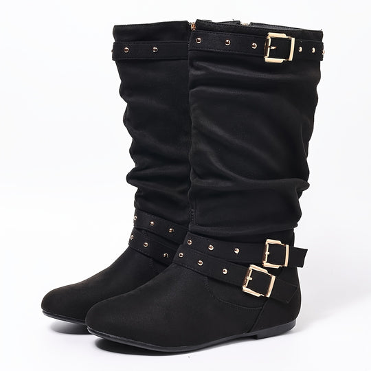 Kniehohe Stiefel mit Zierschnallen und flacher Sohle für Damen