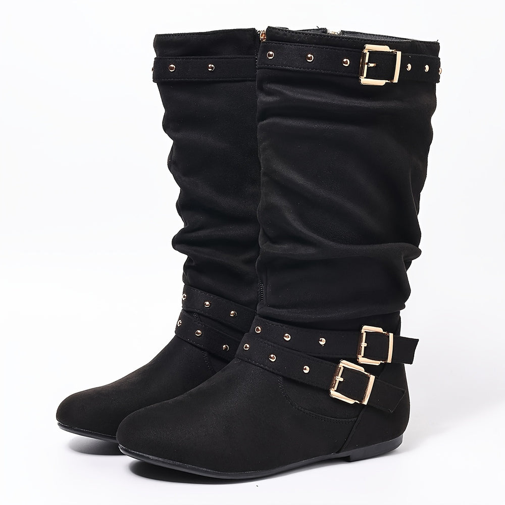 Kniehohe Stiefel mit Zierschnallen und flacher Sohle für Damen